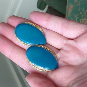 Vintage Gold & Blue Enameled Shield Shaped Clip-On Earrings